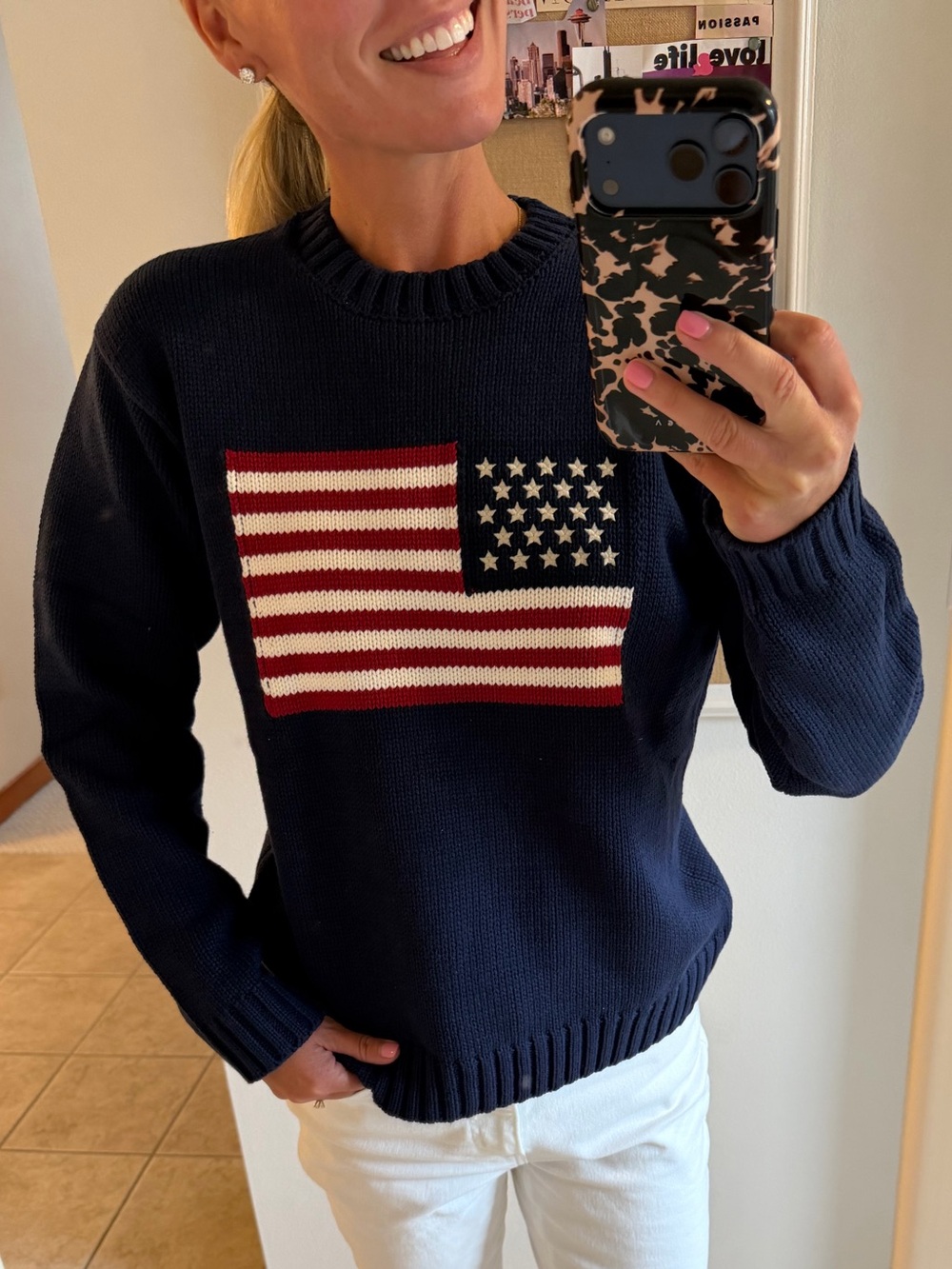 Navy Knit Sweater with American Flag Motif